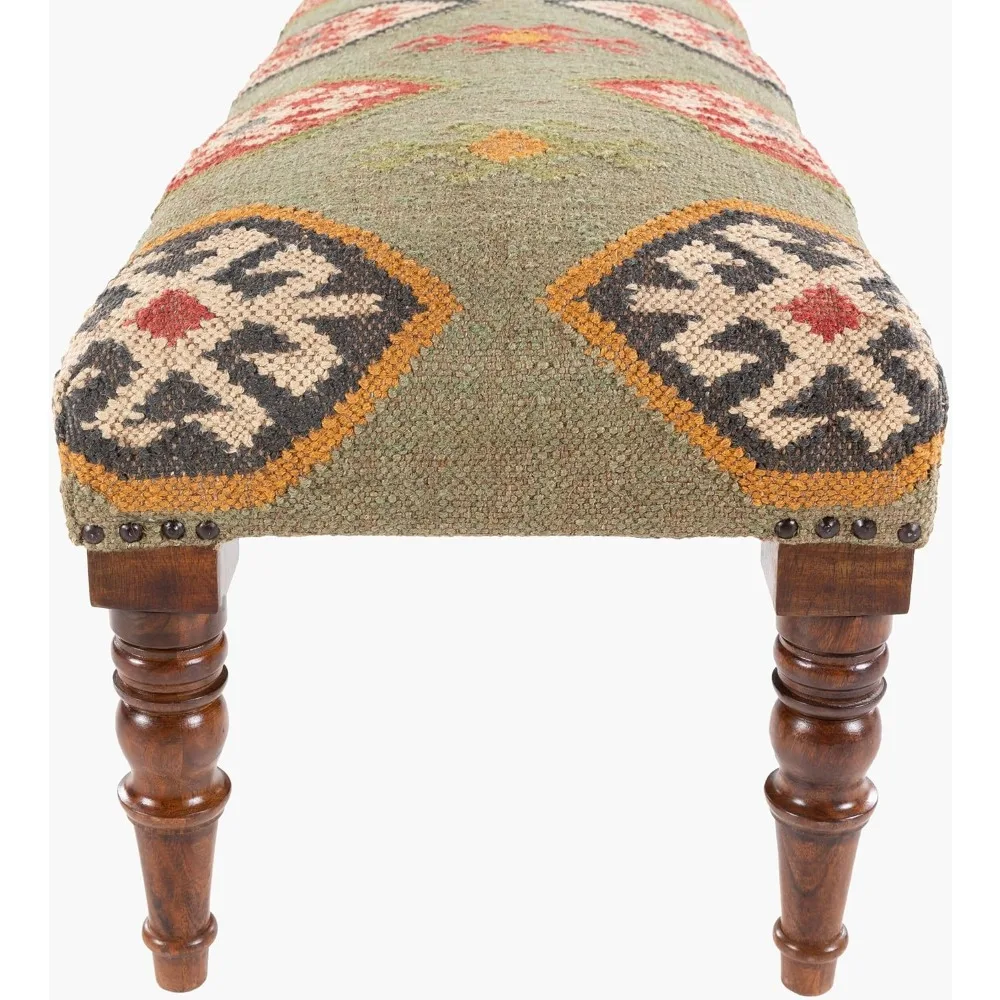 Ławka do sypialni Mark&Day, Gran Ciemnozielona Tapicerowana Ławka do Końca Łóżka, Rustykalny Stołek/Pufa do Przedpokoju w Stylu Boho, Ręcznie Robiona