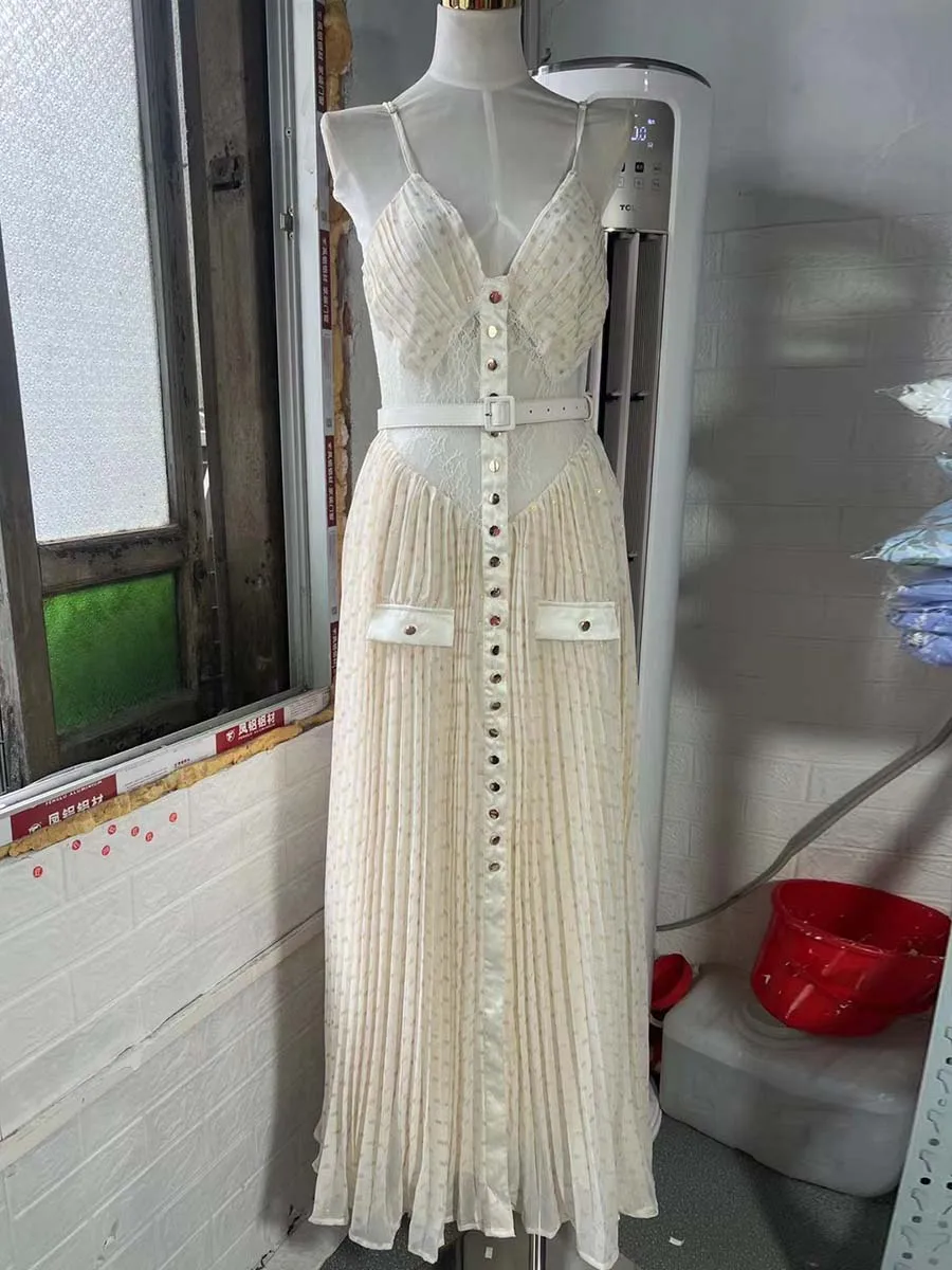 Solid Sheer Spliced Folds Fashion Dresses for Women V Neck Sleeveless Split Patchwork Button Long Dress Female New