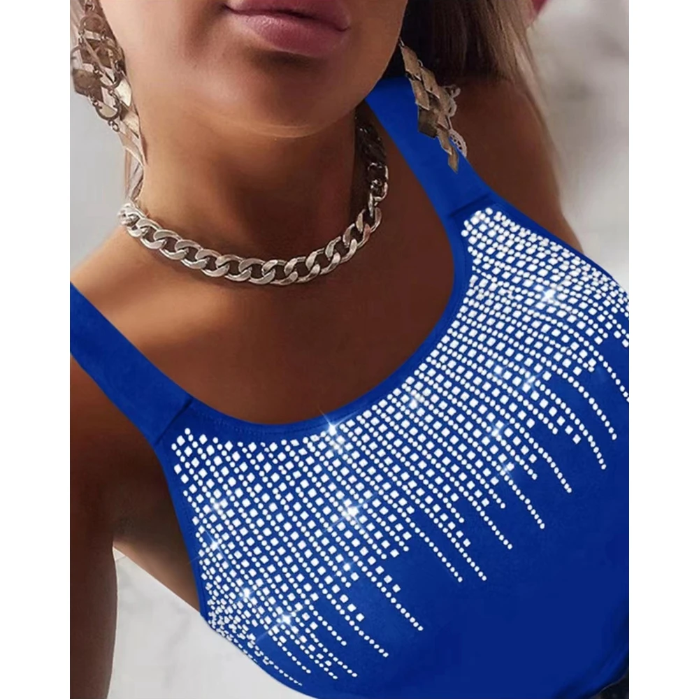 Women Fashion Rhinestone Decor Skinny Tank Top Femme Casual Steetwear Round Neck Sleeveless Summer Tank Tee Shirts