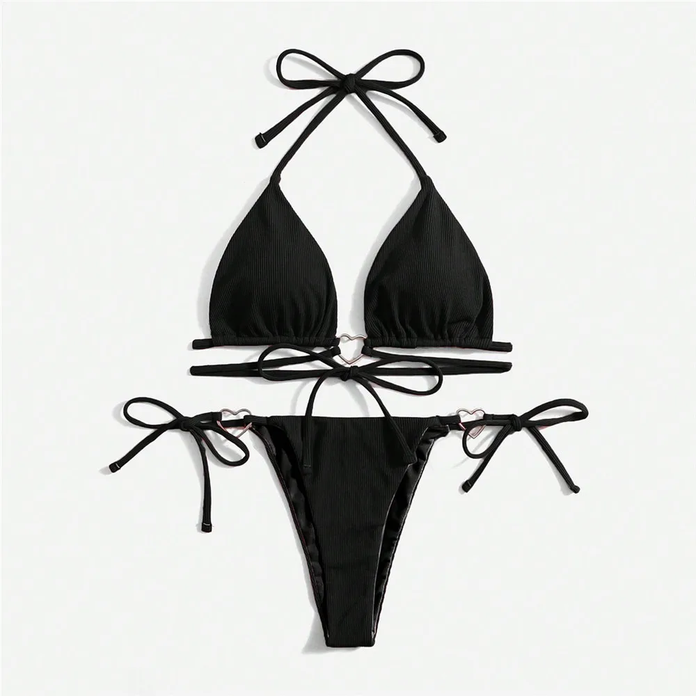 Sexy hellblaue Bade bekleidung Dreieck Neck holder String Micro Bikini Tanga Badeanzug Frauen Herzring Badeanzug Bikinis Set Mujer