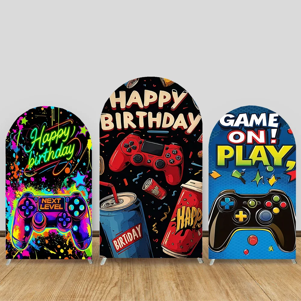 

Happy Birthday Game Arch Backdrop Cover Watercolor Brick Wall Play Game Level Up Cake Party Decor Kids Portrait Background