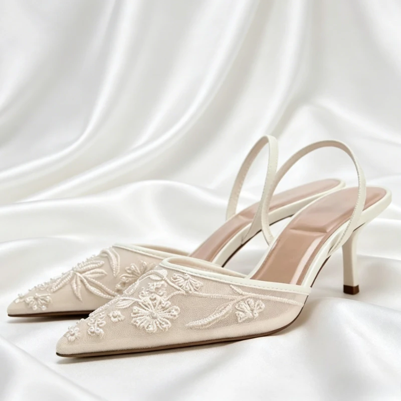 

Sexy Pointed Toe Embroidery Flower Mesh Heeled Sandals Women Fashion String Beads Slingback Heels Ladies Luxury Designer Shoes
