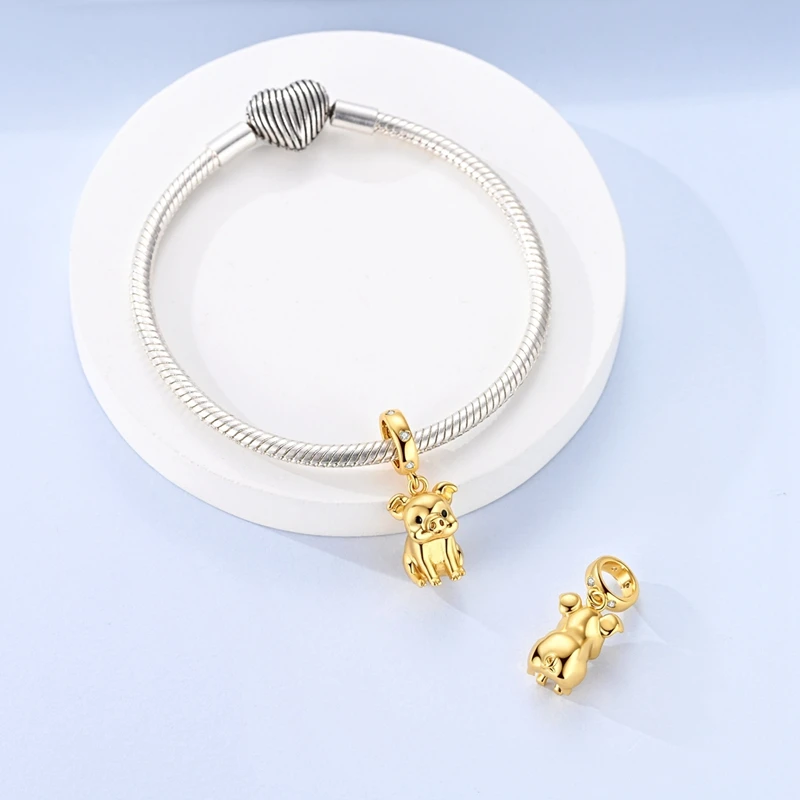 Kleine vergoldete Schweinchen-Charms-Perlen, 925er Sterlingsilber, CZ-Zirkon-Anhänger, passend für Original-Armbänder, DIY-Schmuck, Geschenk