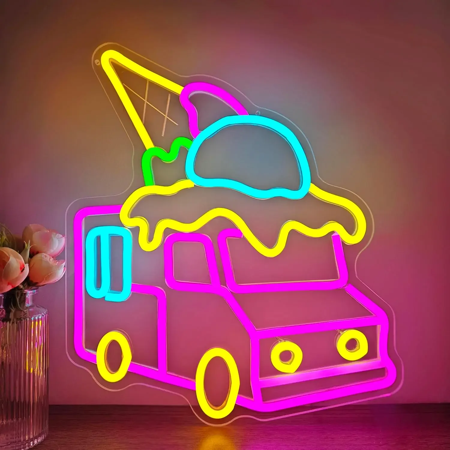 Ice Cream Truck Neon Sign Cute Dessert Van LED Wall Art USB Powered Glow Lamp Food Shop Window Decor Party Gift Hanging Light