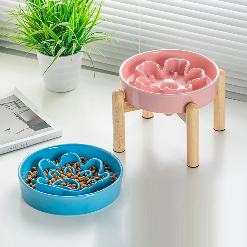 Ceramic Wooden frame Slow Eating To Prevent Choking Pet Bowls, Anti Overturning Large Caliber Neck Protection, Dog Cat Bowl, 1Pc