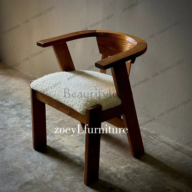 Household, lamb wool solid wood backrest, leisure chair, retro simple restaurant medieval dining chair