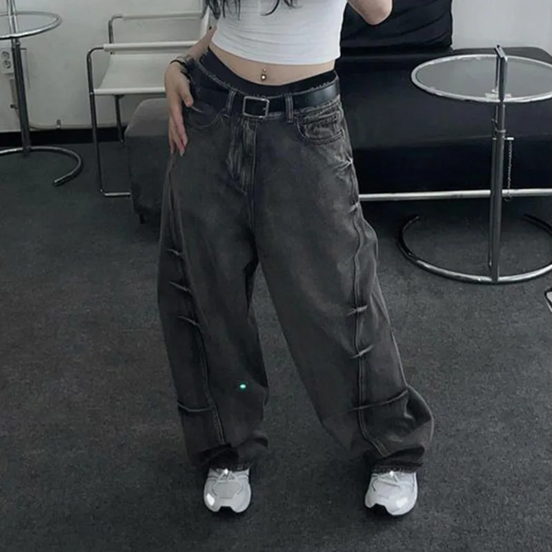 American heavy industry street feng shui wash to do old denim wide-leg pants women low waist fold design loose casual pants