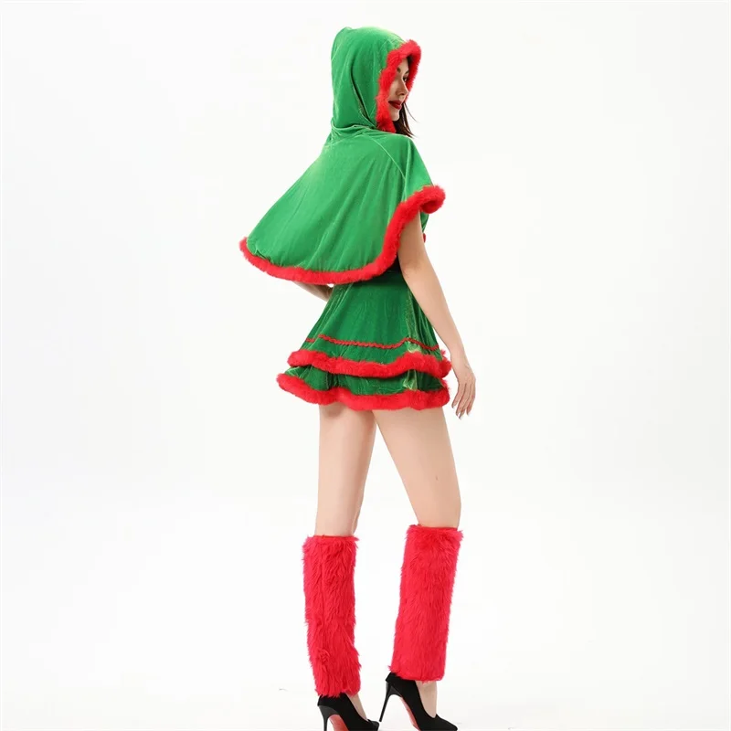 Women Santa Costumes Christmas Tube Dresses Hooded Shawl Belt Set for Halloween Cosplay Role-Playing Party Outfits