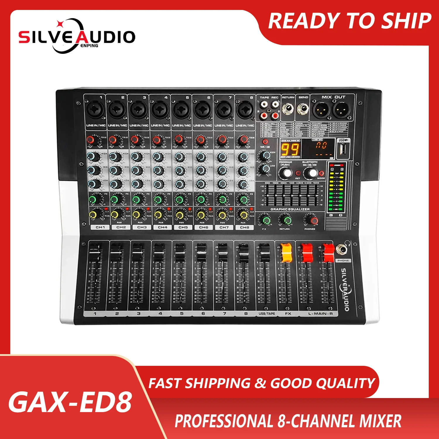 GAX-ED8 Professional 8-Channel Audio Mixer Powerful 7-band Equalization Audio Mixer With USB Switch For Karaoke Stage KTV