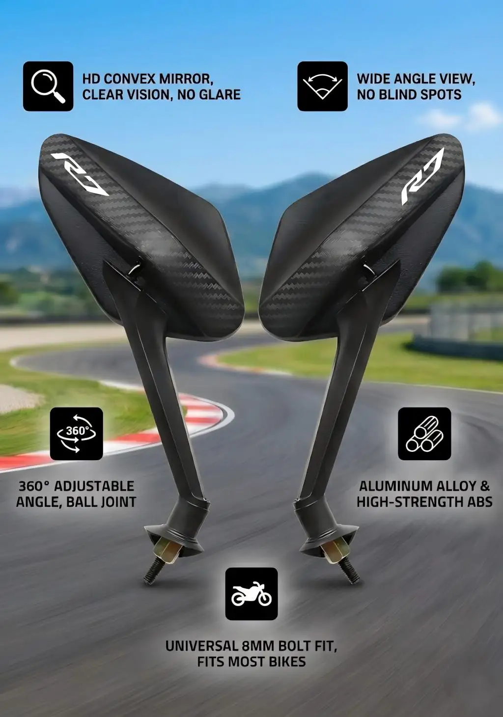 

2 шт./пара, зеркала заднего вида из углеродного волокна для мотоциклов YAMAHA YZF R6 R3 R1 R7 YZFR6 YZFR3 YZFR1 YZFR7, аксессуары для мотоциклов