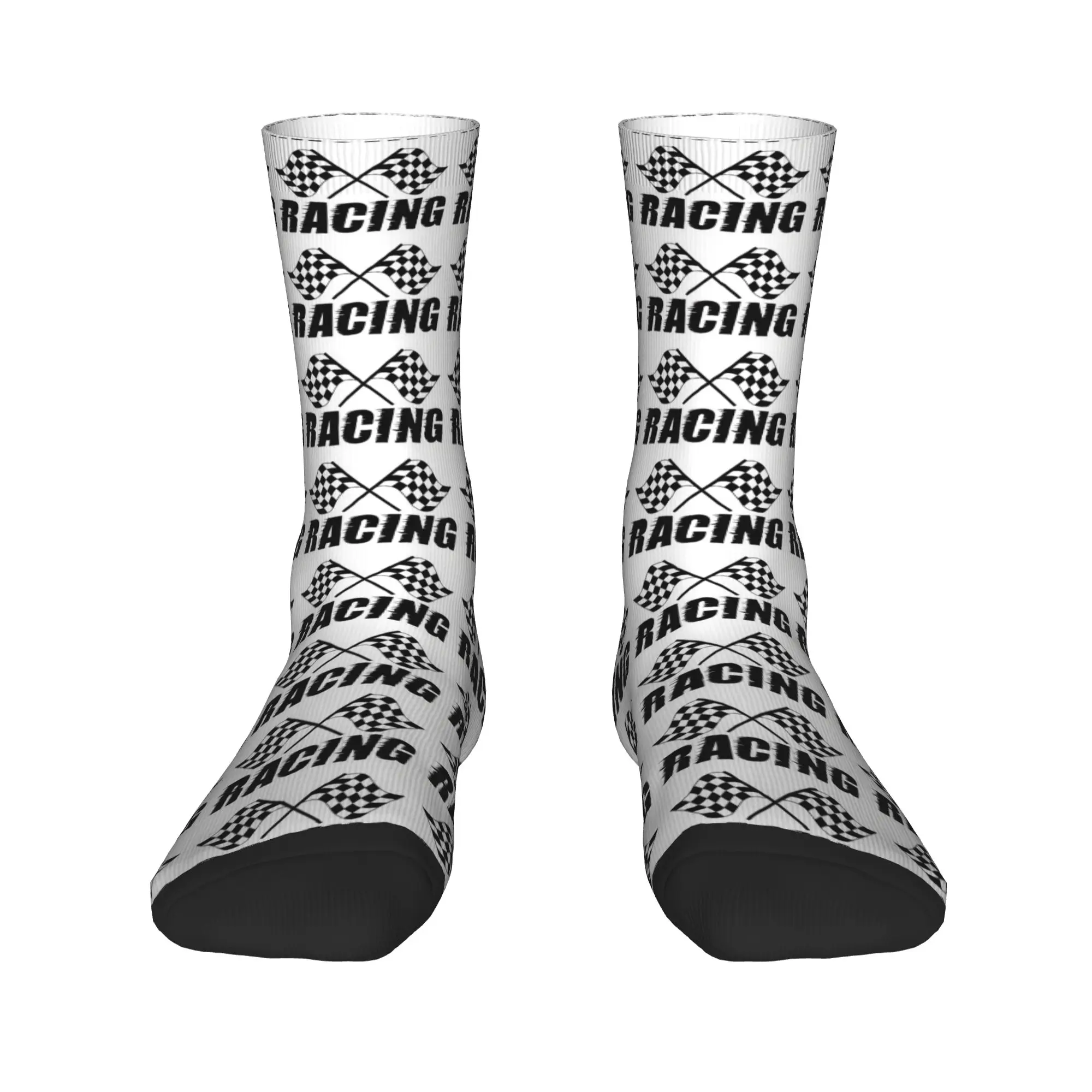 Crossed Checkered Flags With Racing Text Graphic Stockings Unisex Men  Socks Warm Soft Modern Socks Autumn Non-Slip Socks