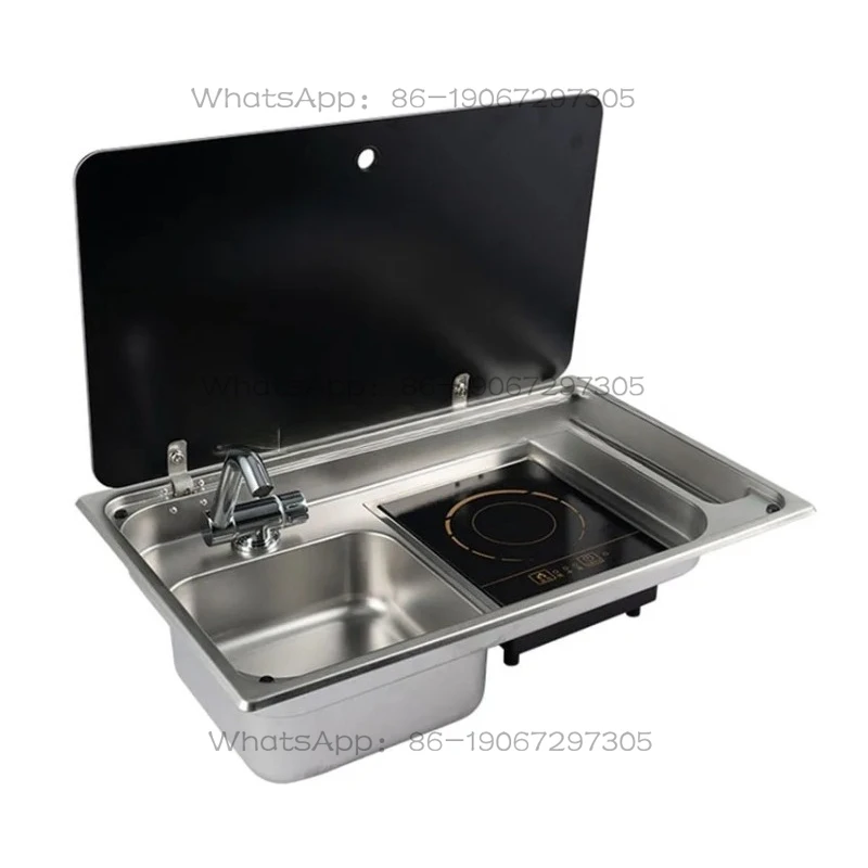 RV Stainless Steel Sink and Induction Cooker Combination Unit with Tempered Glass Lid and Hot and Cold Folding Faucet