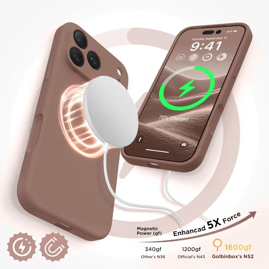 Custodia per telefono magnetica marrone per iPhone 17 Pro con compatibilità MagSafe Protezione completa per fotocamera e protezione per lo schermo in silicone
