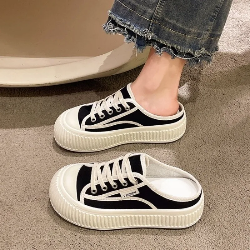 

Women Canvas Slippers Spring Autumn New Heelless Fashion Casual Women Vulcanized Thick Sole Half Slippers