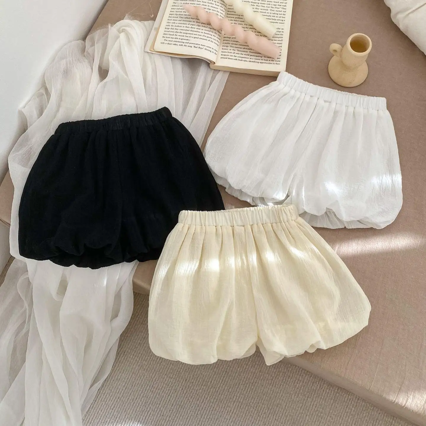 2024 New Girl Baby Summer Solid Thin Puff Shorts Boy Children Loose Breathable Cotton Mini Pants Kid All-match Short Trousers