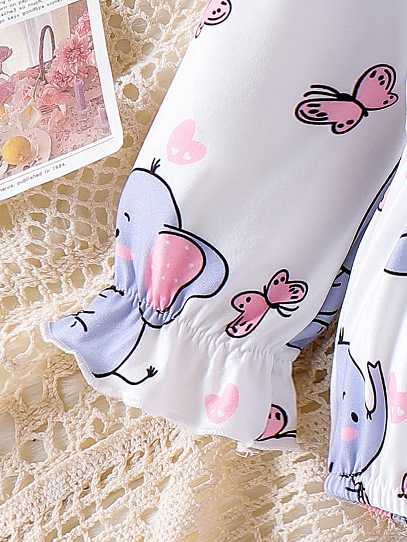 2PCS Autumn Girls Aged 0-1, Comfortable Round-Neck Elephant Butterfly Printed Long-Sleeved Suit + Hair Band