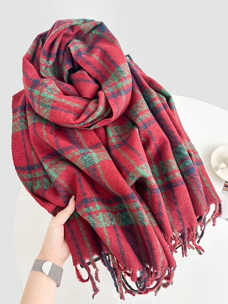 الخريف الشتاء النساء Preppy وشاح متماسكة سيدة الرجال الرجعية عادية منقوشة شرابة وشاح التفاف شال فام الذكور للجنسين موضة عيد الميلاد