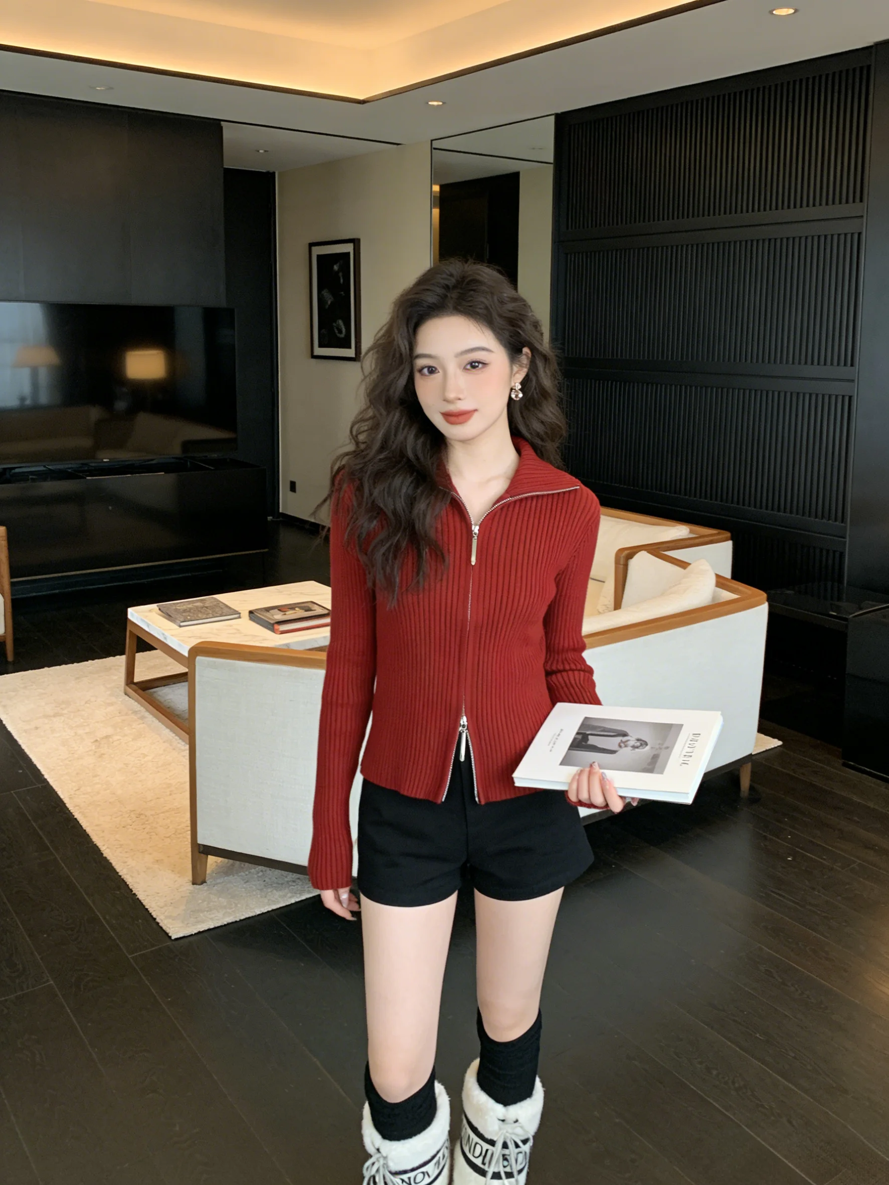 

Red Knitted ort Sweater Korean Sle Inner Wear College Sle Top Youthful Spring Cardigan Breathable Soft Polyester Fiber
