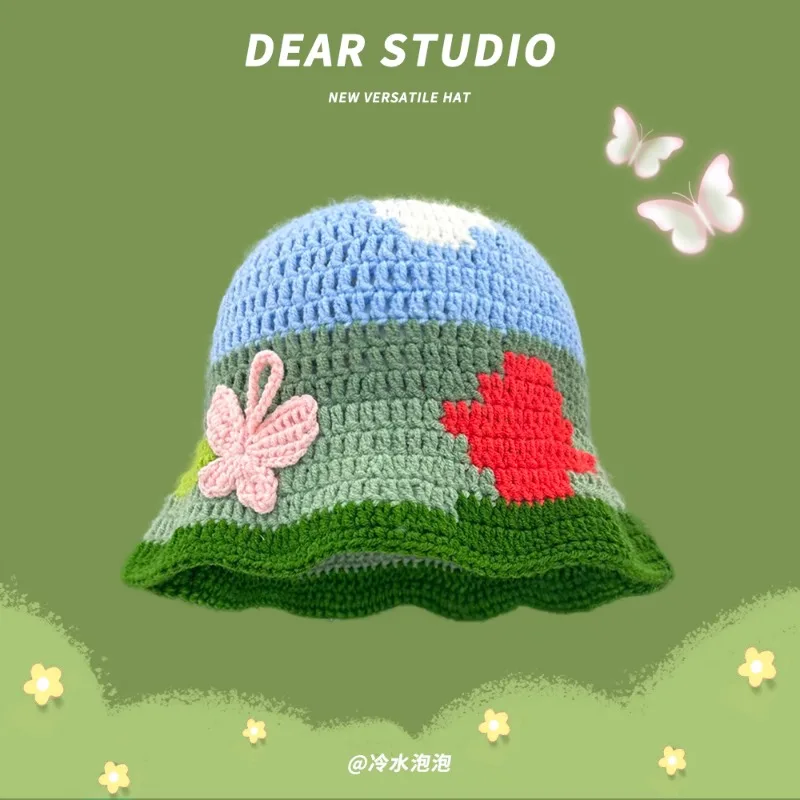 

Japanese Hand-crocheted Sweet Butterfly Knitted Bucket's Hat Women Spring and Summer Fashion Color Matching Dome Basin Cap