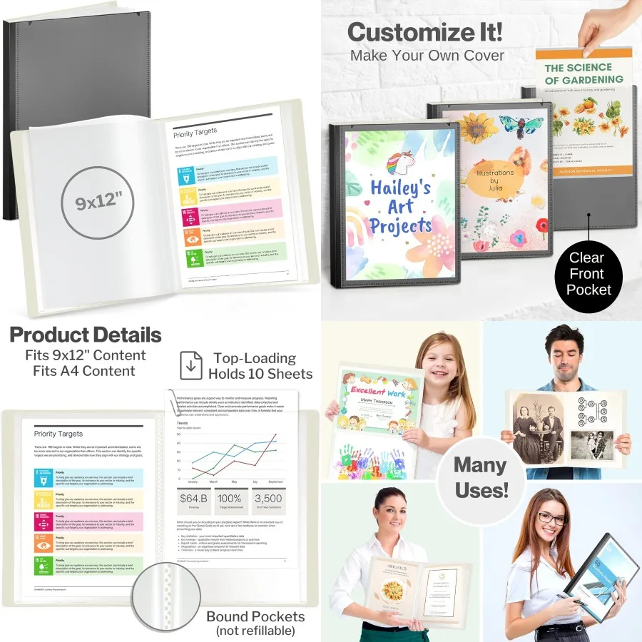 كتاب عرض 9 × 12 باللون الأسود مع مجلد 24 جيب وأكمام بلاستيكية شفافة لعرض 48 صفحة من 9 × 12 أو مستندات A4