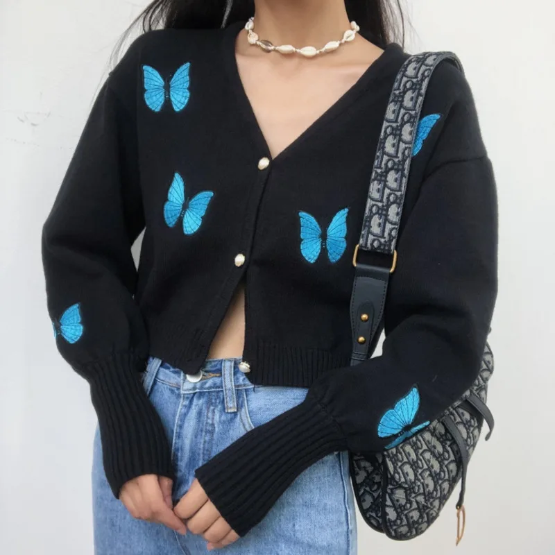 2021 Women New Y2k Butterfly Embroidery Cardigans Lantern Sleeve V Neck Sweater Coat Knitted Single Breasted Autumn Tops E Girl