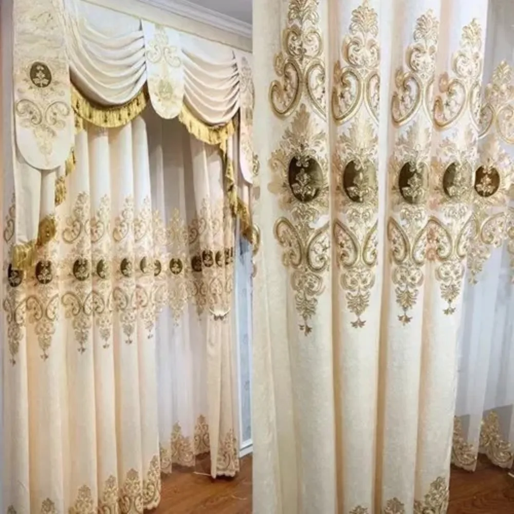 European Chenille Beige Embroidered Luxury Curtains for Living Room Bedroom Dining Blackout Window Custom White Tulle