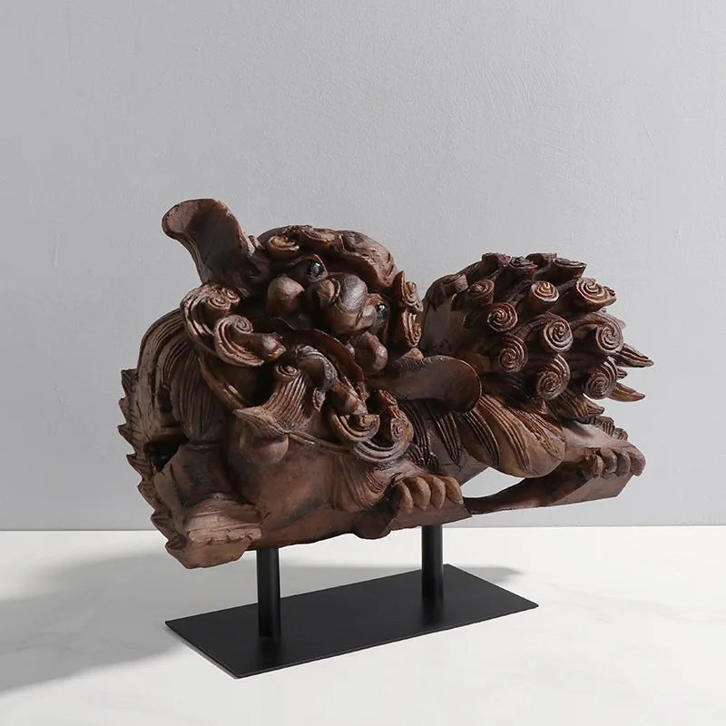 New Chinese unicorn lion imitation wood wabi-**** wind ornament model room study living room soft decoration Oriental creativity