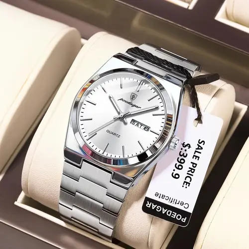 Imagen 1 del producto Reloj de pulsera POEDAGAR de lujo para hombre de negocios, reloj luminoso resistente al agua de acero inoxidable para hombre, relojes de cuarzo a la moda con fecha y semana para hombre + caja