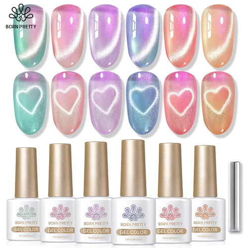 BORN PRETTY-Juego de esmaltes de uñas de Gel magnético, 6 uds., Auroras, brillo, semipermanente, remojo de barniz UV, Kits de manicura