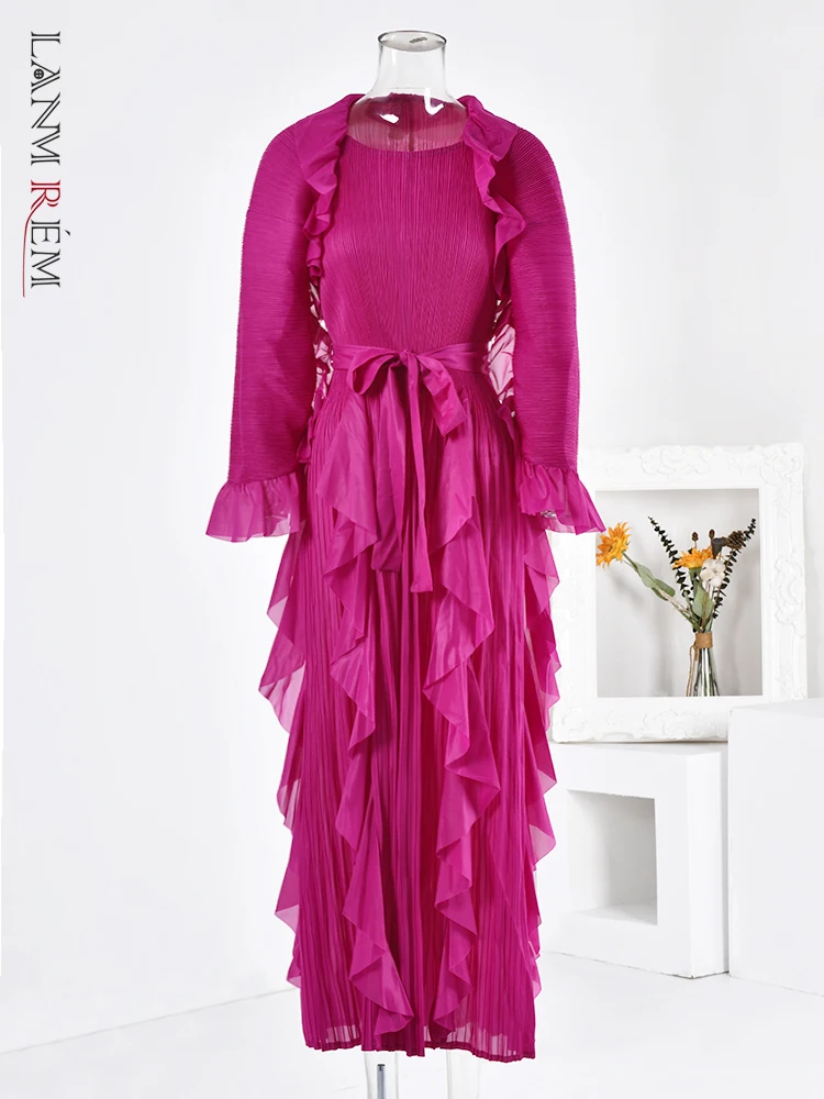 LANMREM Fashion Ruffles Pleated Dress Women Round Neck Flare Sleeves Solid Maxi Belt Dresses Party Autumn New 2AA1502