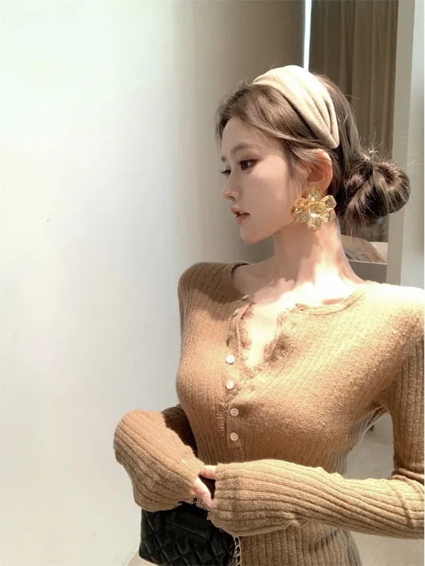 كشكش تقليم V-Ne طويل Sve محبوك المرأة سليم صالح Faionable ربيع الخريف الأبيض القطن الخالص سباندكس مزيج