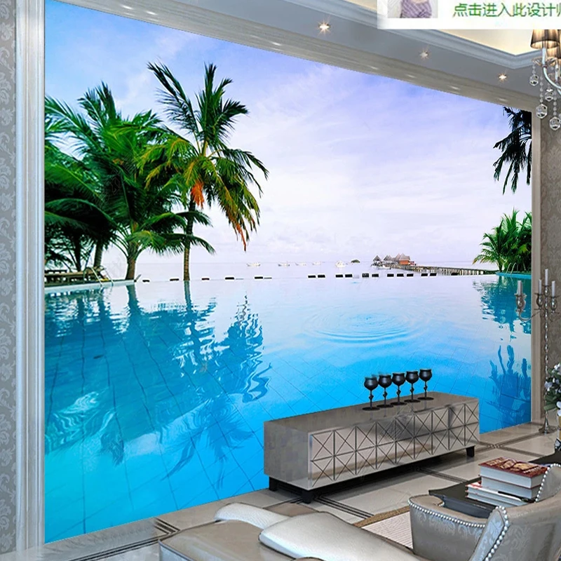 Coconut Kingdom Creative Water House Mural Wallpaper Creative Blue Pool Ocean View Photo Wall Mura TV Sofa Decor Papel De Parede