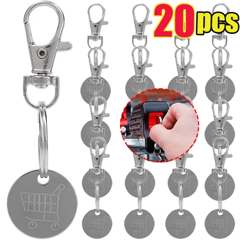1/20Pcs Shopping Cart Trolley Tokens Key Ring Mini Metal Silver Color Keychains Remover Coin Label Stainless Steel Decoration