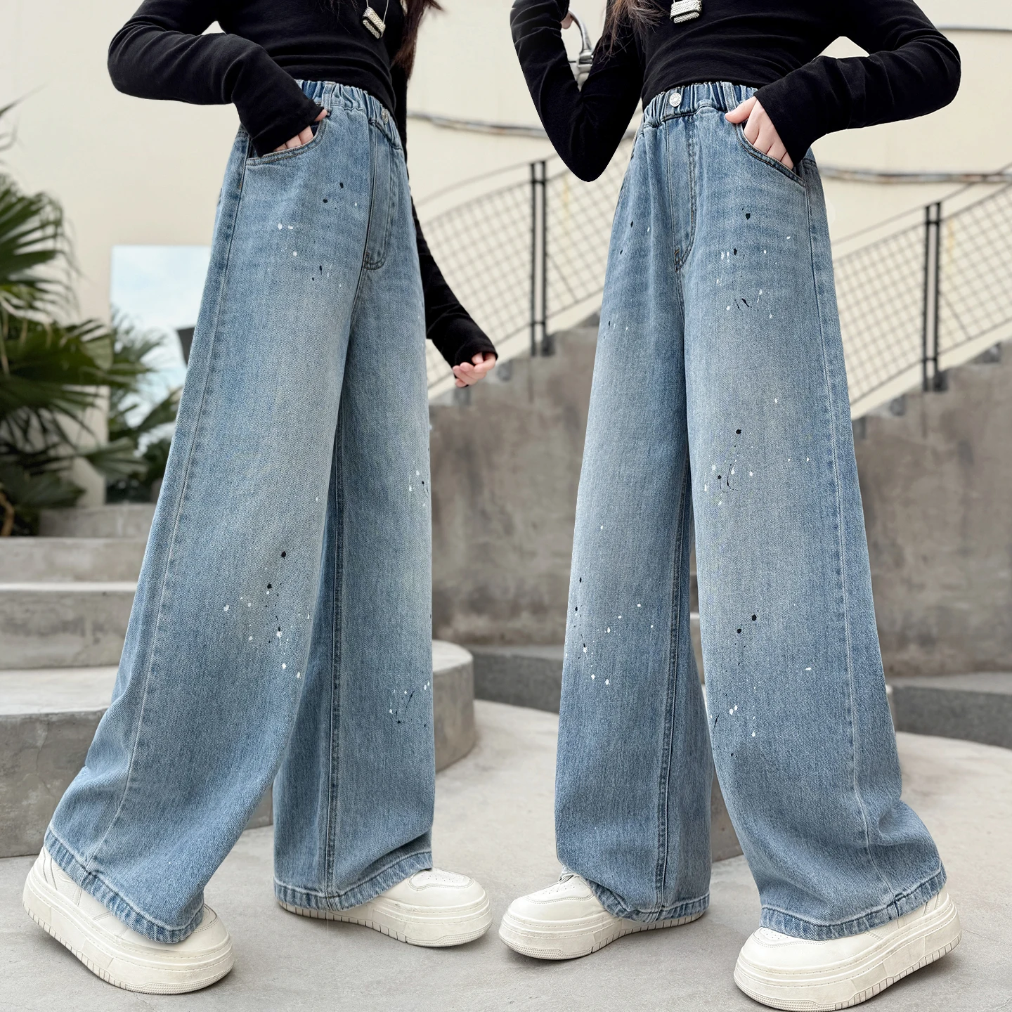 

Classic Design Children Fashion Spring Baggy Paint Splatter Jeans for Kids Girls Blue Denim Loose Straight Denim Pants Age 7-14Y