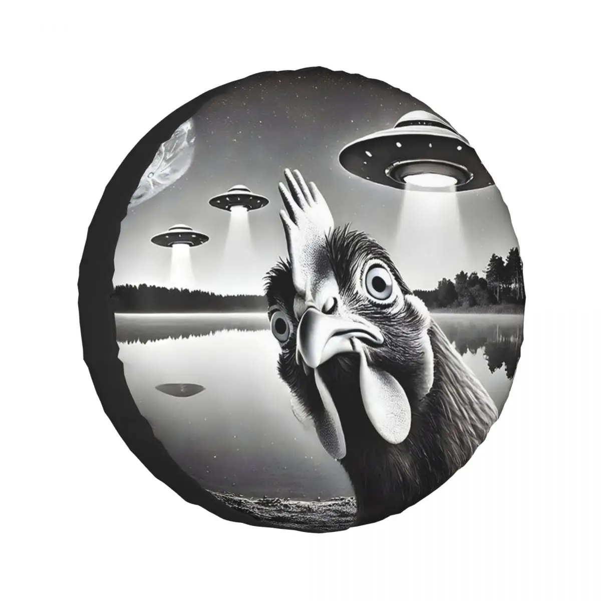 

Chicken Selfie With UFOs Meme Alien Graphic Spare Tire Cover for Car Pajero 4x4 Wheel Protector Covers 14" 15" 16" 17" Inch