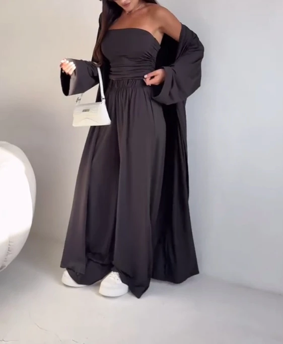 سترة صوفية طويلة بلون سادة وقميص بدون أكمام كاجوال بدون حمالات مع خصر عالي وسراويل واسعة الساق، طقم عصري مكون من 3 قطع