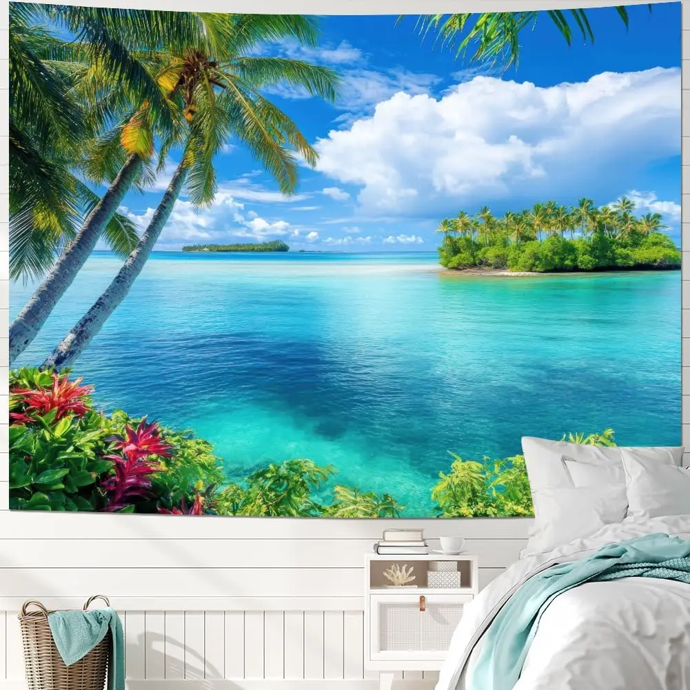 Ocean Beach Tapestry Blue Sea Tapestry Tropic Ocean Island Paradise Wall Tapestries Coconut Tree Palm Seaside Tapestries Wall