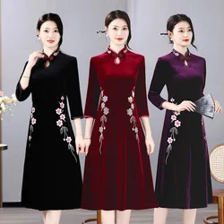 High End Gold Velvet Cheongsam Embroidered Dress Women Spring Autumn Long Dress Noble Female Velour Party Evening Dress Vestidos