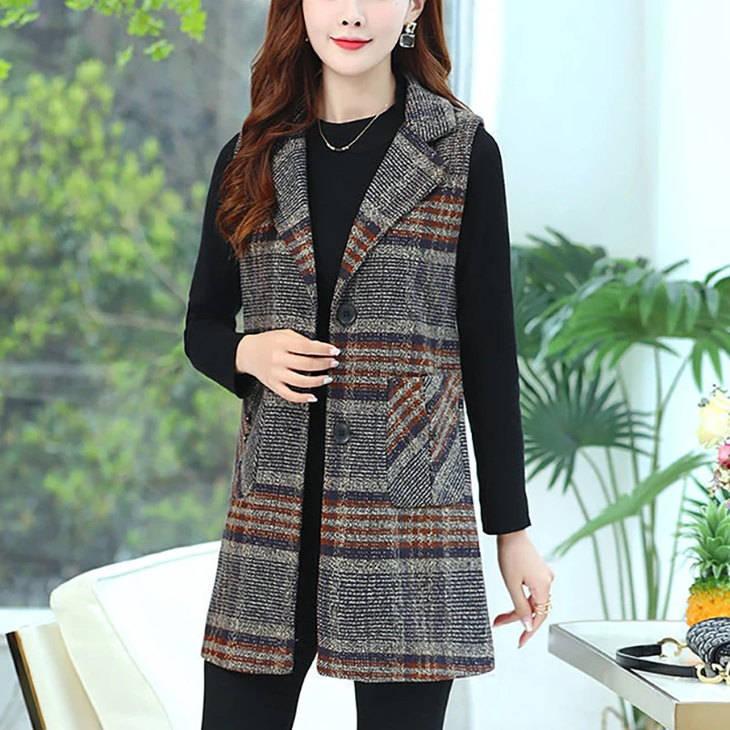 Vintage Printed Button Pockets Plaid Vests Jackets Women Clothing 2024 Autumn Winter New Loose Office Lady Tops All-match Coats