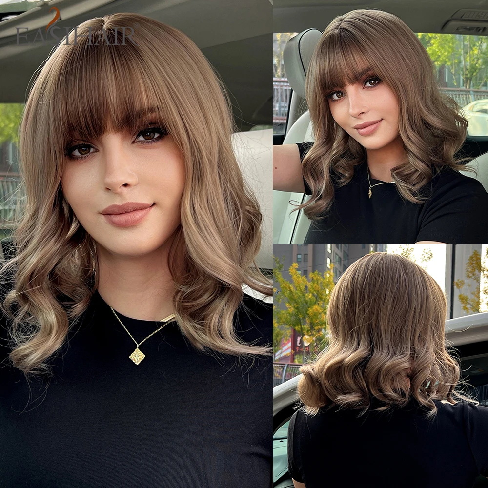 Easyhair jesionowo-brązowy blond krótki falowane syntetyczne peruki z grzywką naturalny peruka w stylu Bob dla kobiet codziennie na imprezę Cosplay