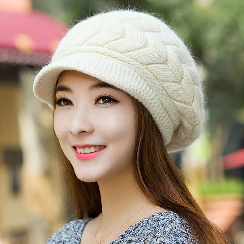 Women's Hats Winter Warm Knitted Hat Rabbit Hair Double Layer Plus Velvet Cap Visor Beanies For Women Casual