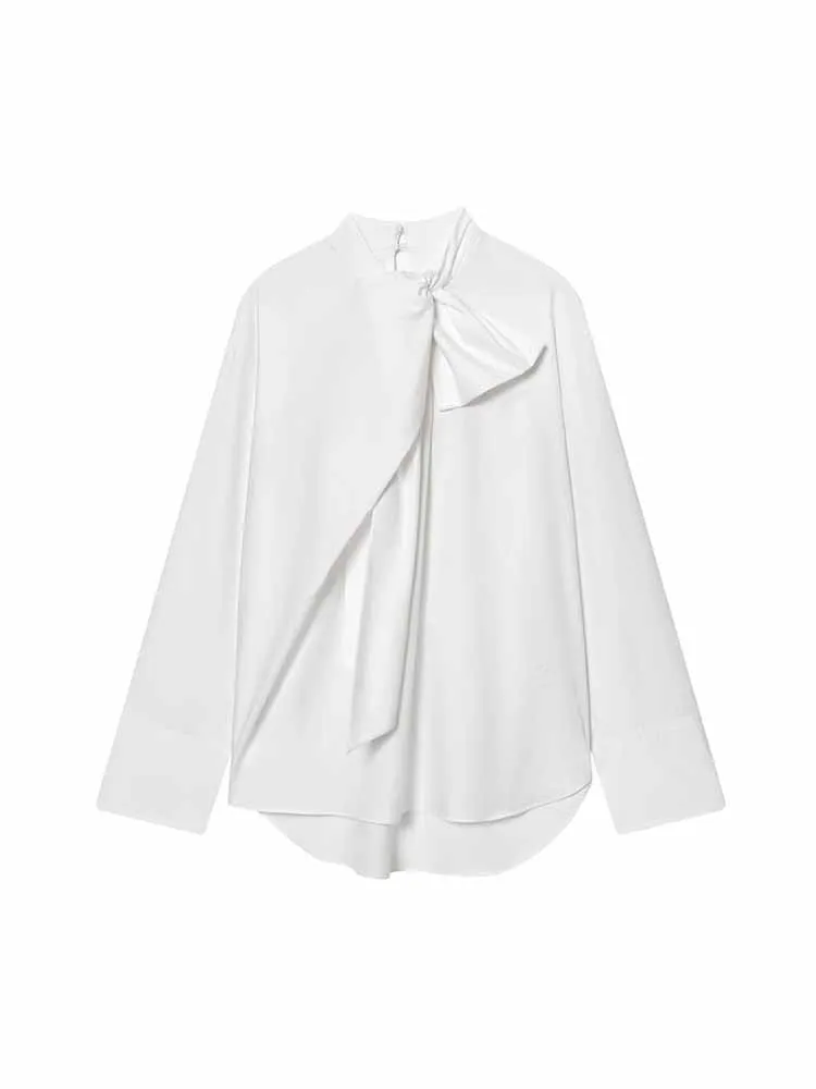 

Женская весенняя модная блузка с длинными рукавами, декоративной шнуровкой, из шелковой ткани, однотонная, повседневная, универсальная, для офиса.