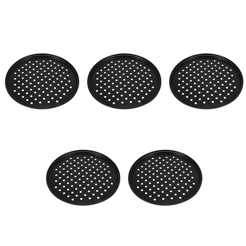 

AT05-5Pcs 10 Inch Personal Perforated Pizza Pans Black Carbon Steel With Nonstick Coating Easy To Clean Pizza Baking Tray