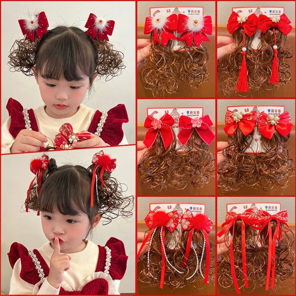 Hair Accessories Flower Bowknot Wig Hair Clip Red New Year Kids Wig Hairpin Hair Side Clip Headwear Wig Braid Hairpin Party