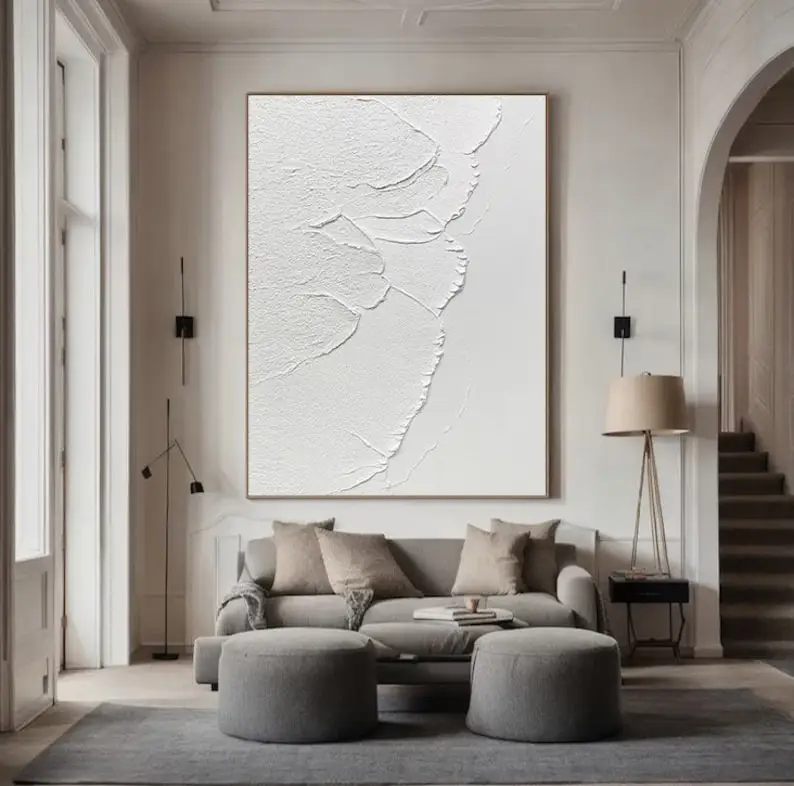 

Large White Waves Modern Abstract Oil Painting Frameless White Texture Wall Art Oil Painting Artworks for Living Room Decortion