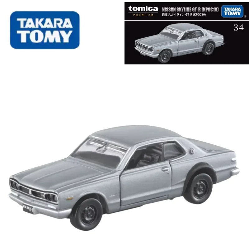 TAKARA TOMY 1:64 Modello di auto giocattolo pressofuso in lega di scatola nera, giocattolo da collezione per ragazzi, auto sportiva TP34 Nissan Skyline GTR di punta.