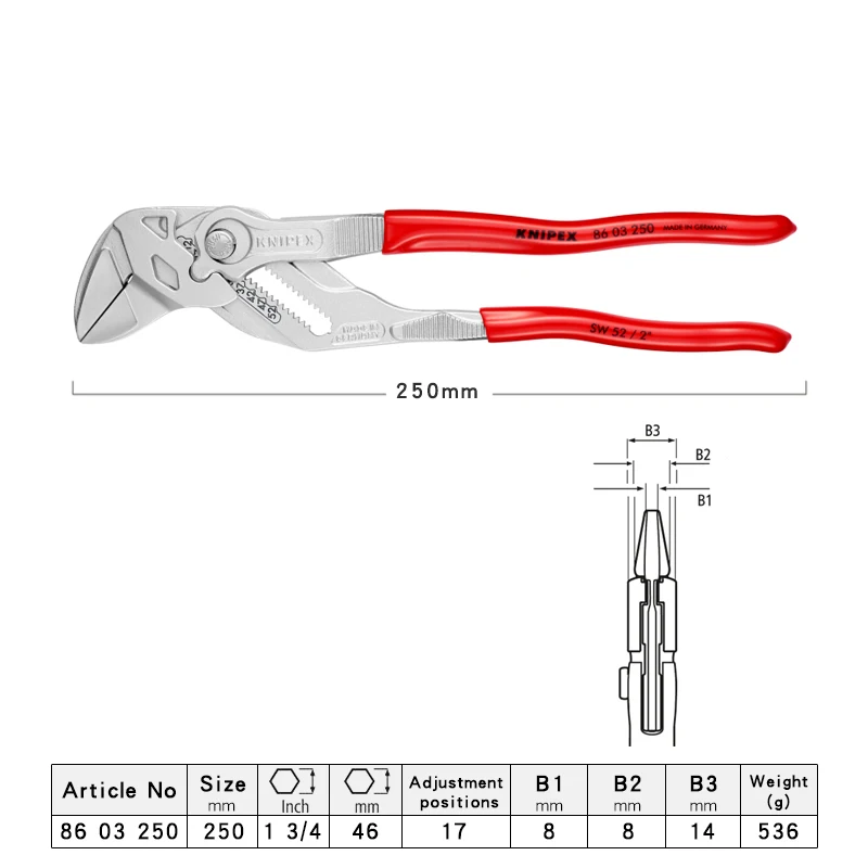 KNIPEX 8603250 Pliers Wrench 2-In-1 Pliers and Wrench 250mm Lightweight and Convenient Adjustable