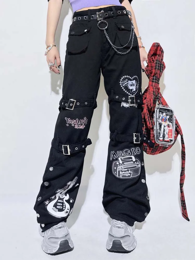 Original Design กางเกงยีนส์ผู้หญิงหลอดตรงเทศกาลดนตรีสไตล์ขี้เกียจหลวมกางเกงขากว้างอินเทรนด์ High Street สนุกกางเกงยีนส์