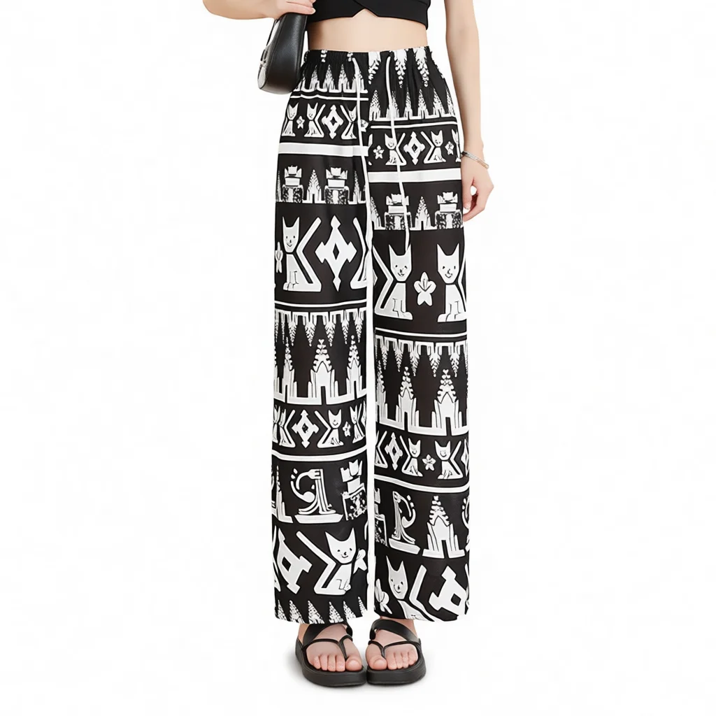 Womens Loose Leg Trousers High Elastic Waist Casual Comfortable Pants Summer Streetwear Hip Hop Style Wide Leg
