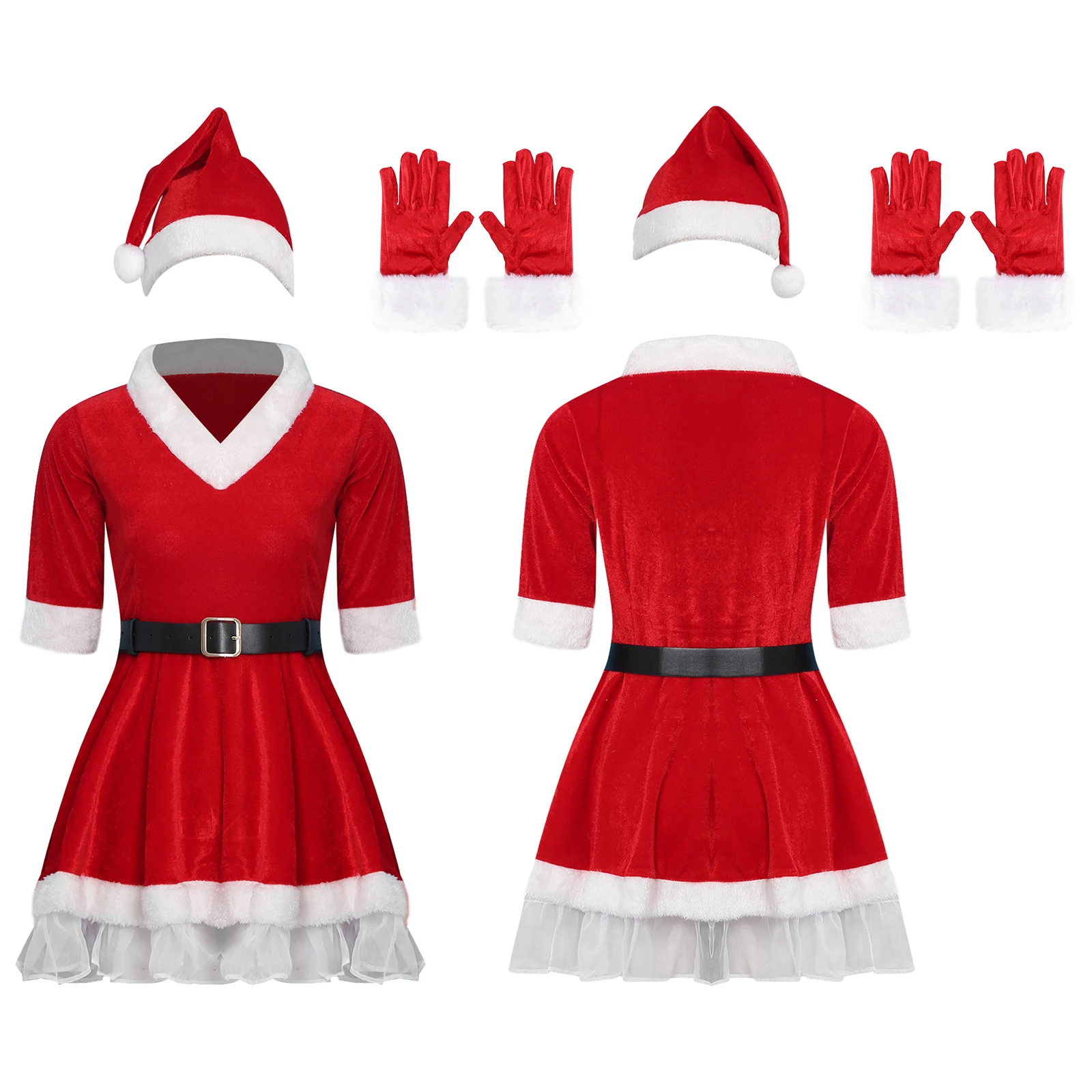 

Женский костюм Санты, комплект роскошного рождественского платья с рождественским платьем из четырех частей + пояс + шляпа + перчатки на Рождество Санта-Клауса